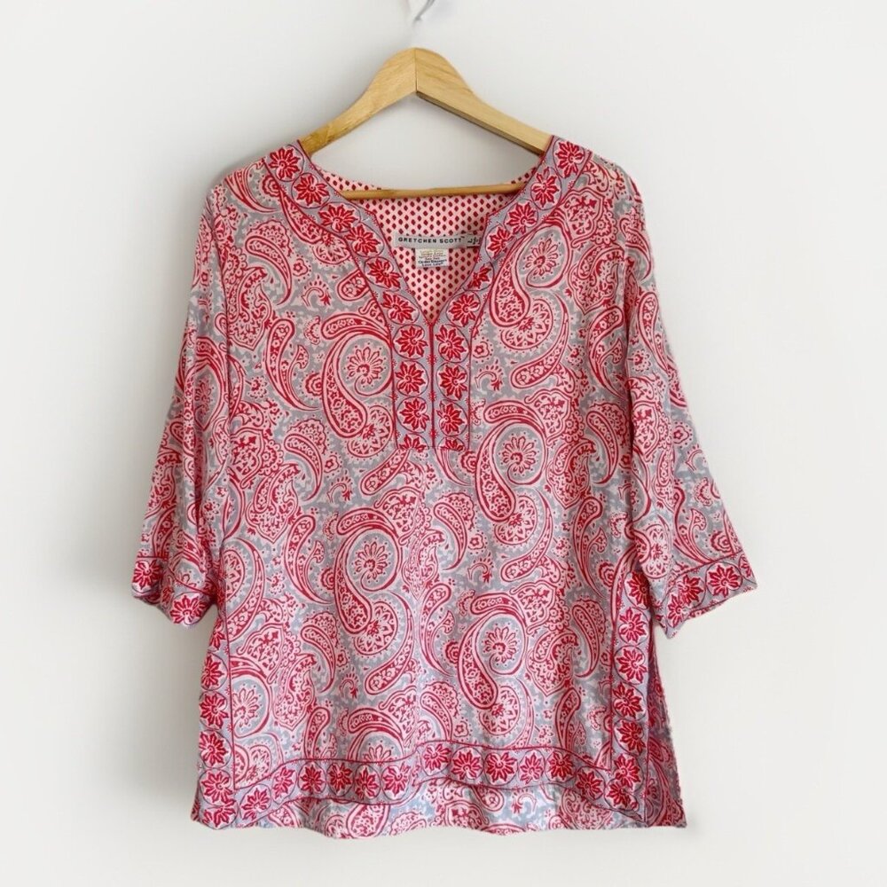 Gretchen Scott Red Gray Paisley Top Women’s Large 3/4 Sleeve Artsy Resort